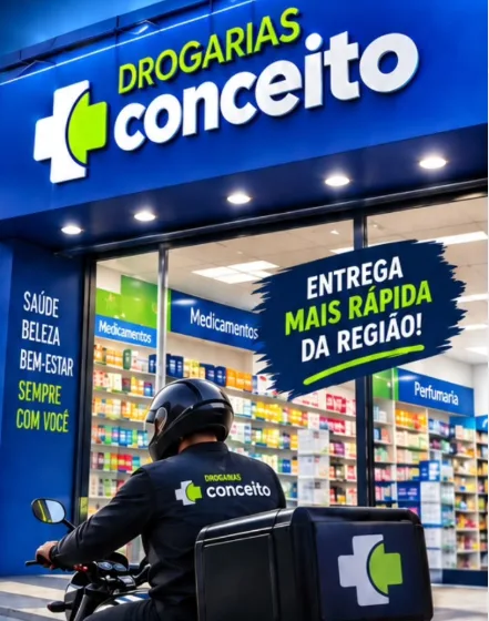 Fachada da Drogarias Conceito com entregador de moto saindo para uma entrega